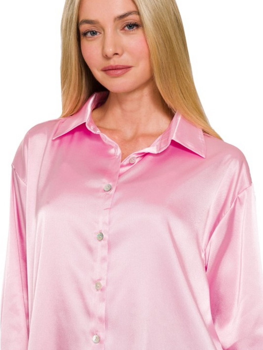 28 NWT Zenana Pink Satin Button-Front Cozy Oversized Shirt Top - Picture 3 of 5